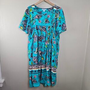 Only Necessities Boho House Dress Nightgown‎ Sz L 18/20 Aqua Paisley